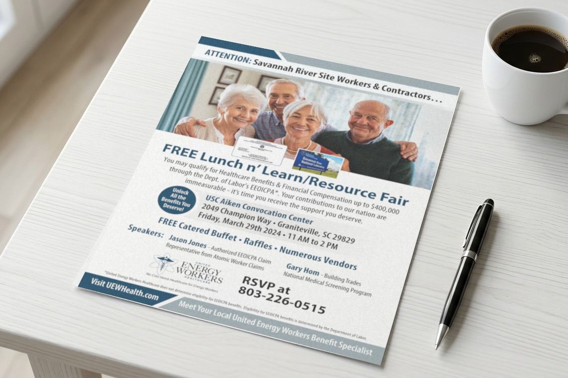 United Energy Workers Healthcare flyer for a free lunch-and-learn resource fair, with a photo of four smiling older adults, event details and an RSVP number, on a desk beside coffee and a pen.
